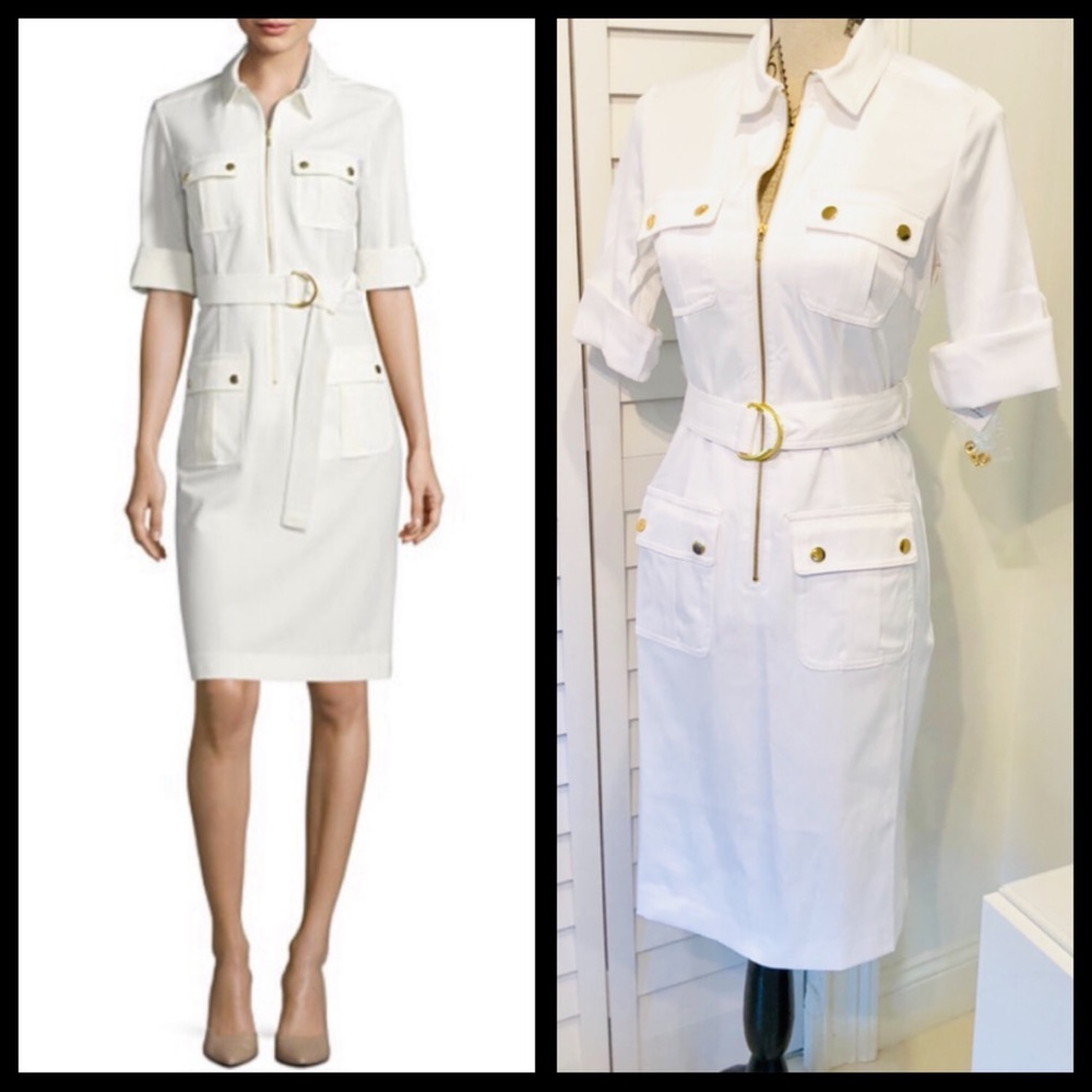 ✨NWT✨3/4 Sleeve White Zipper Down Shirt Dress🐯